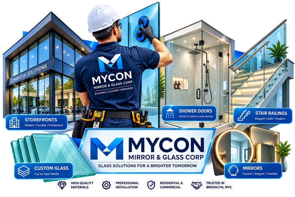 MYCON Mirror & Glass Corp professional glass, mirror and aluminum services including storefronts, shower doors, stair railings and custom glass.