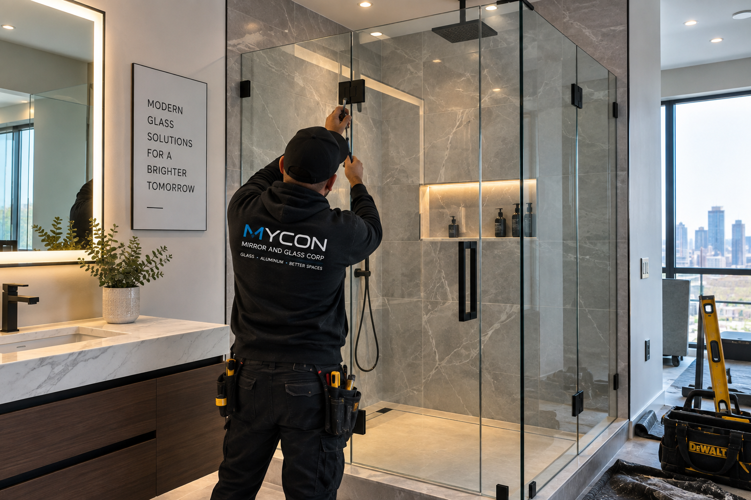 Modern frameless glass shower door installation in Brooklyn, NYC