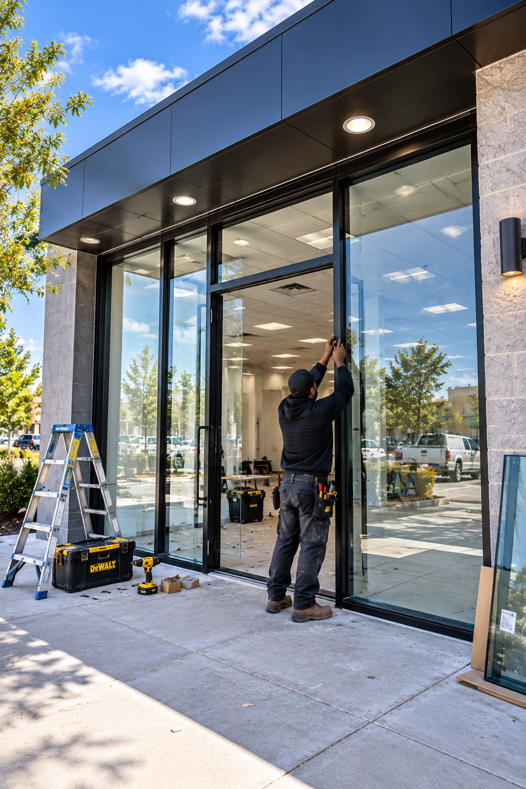 Commercial glass storefront installation by MYCON Mirror & Glass Corp in Brooklyn, NYC