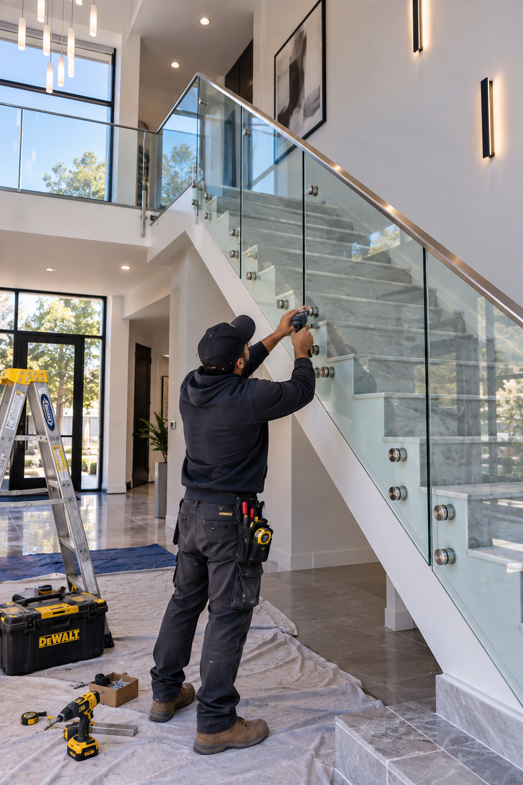 Modern glass stair railing installation in a residential interior