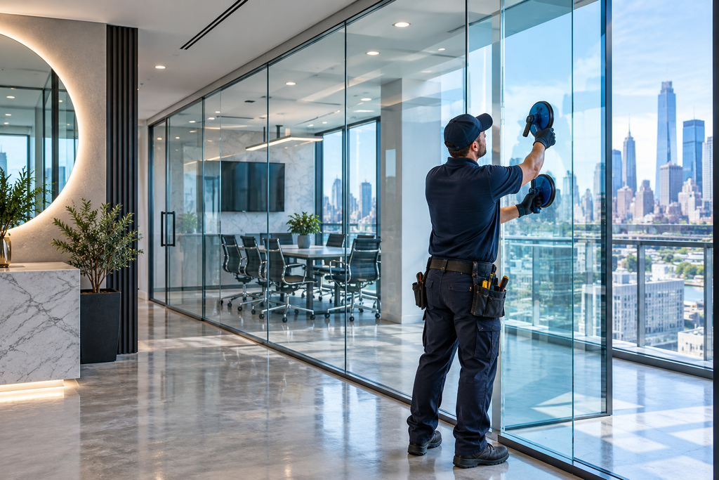 Professional glass partition installation in a modern office