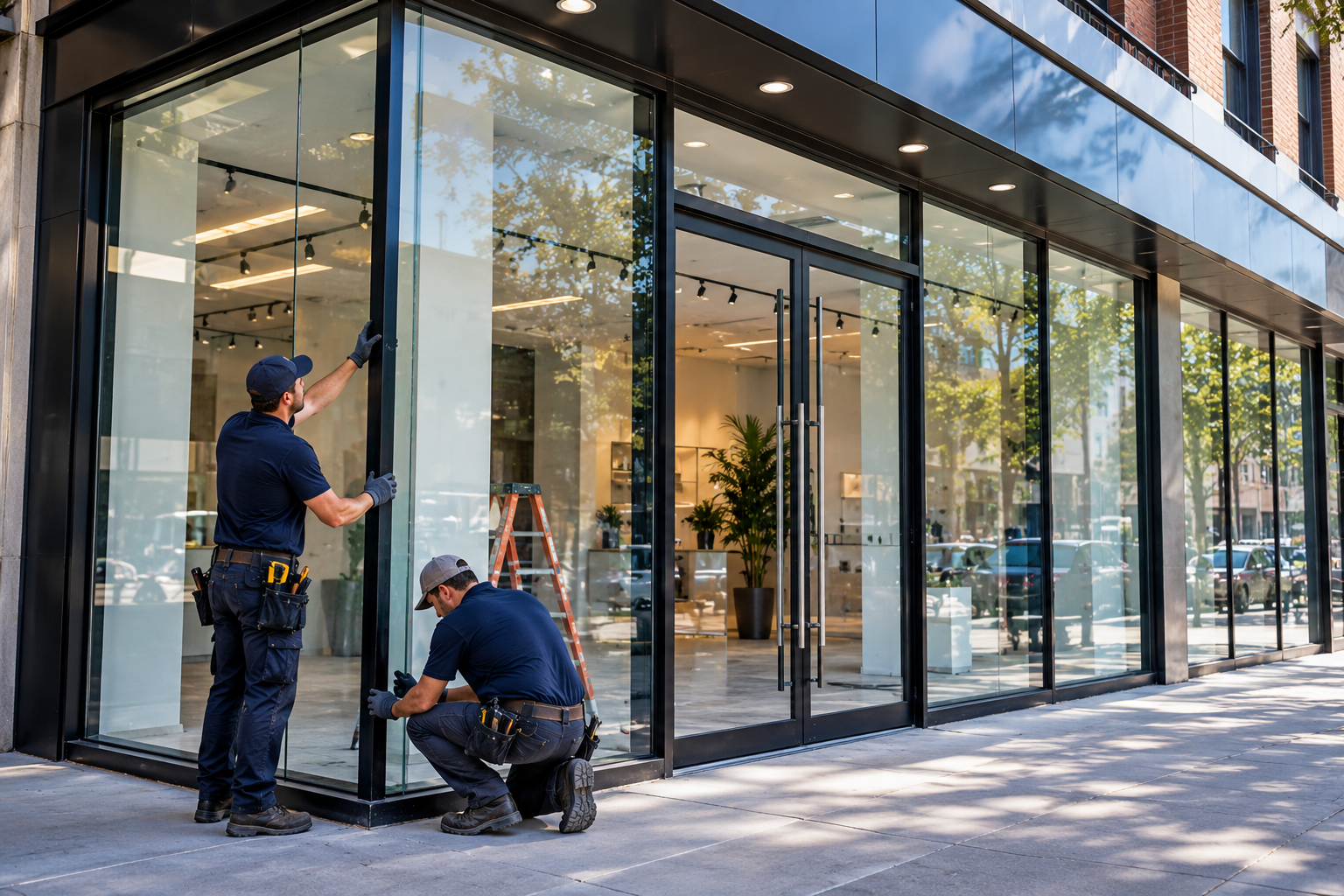 Commercial glass storefront installation