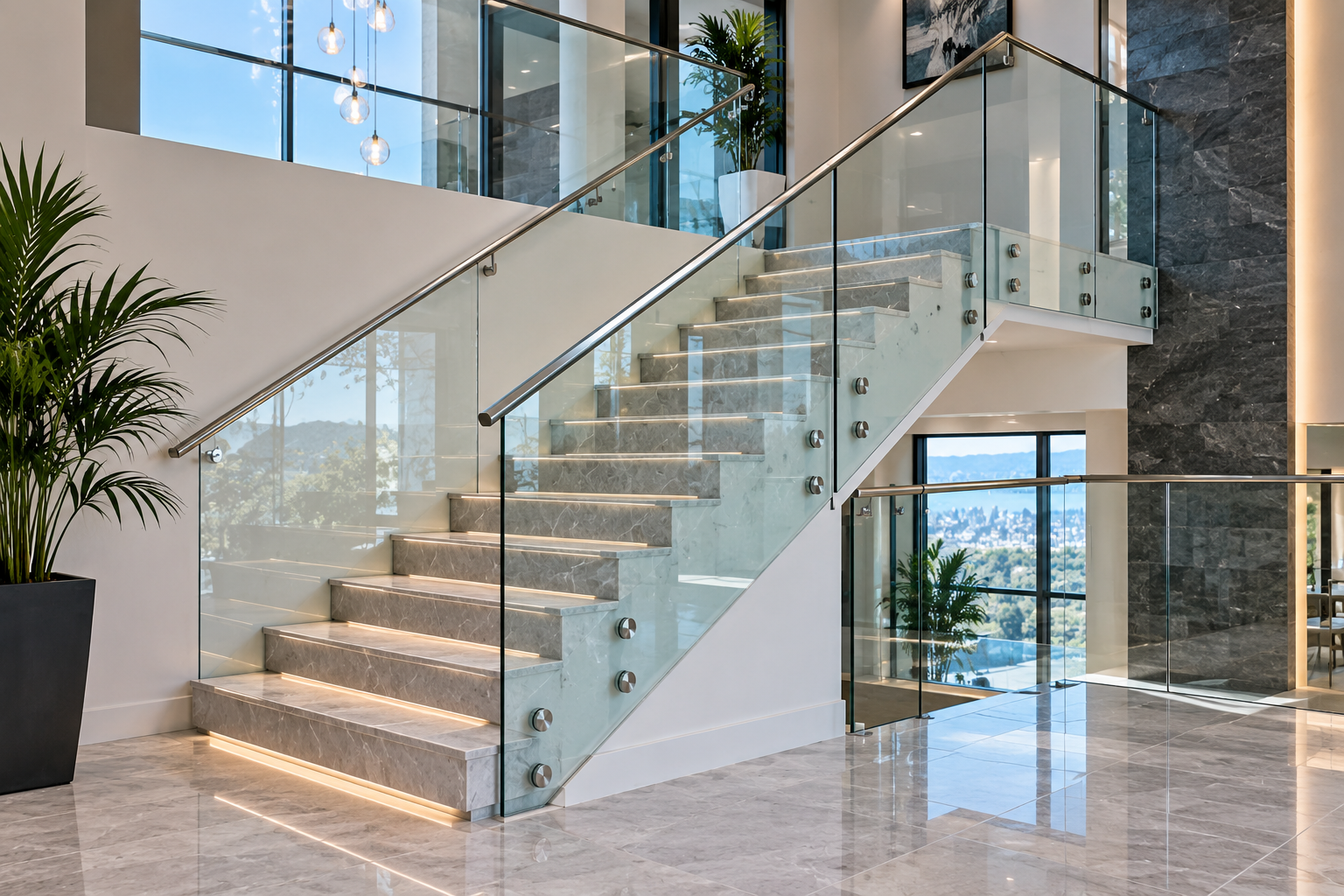 Modern glass stair railing and staircase installation