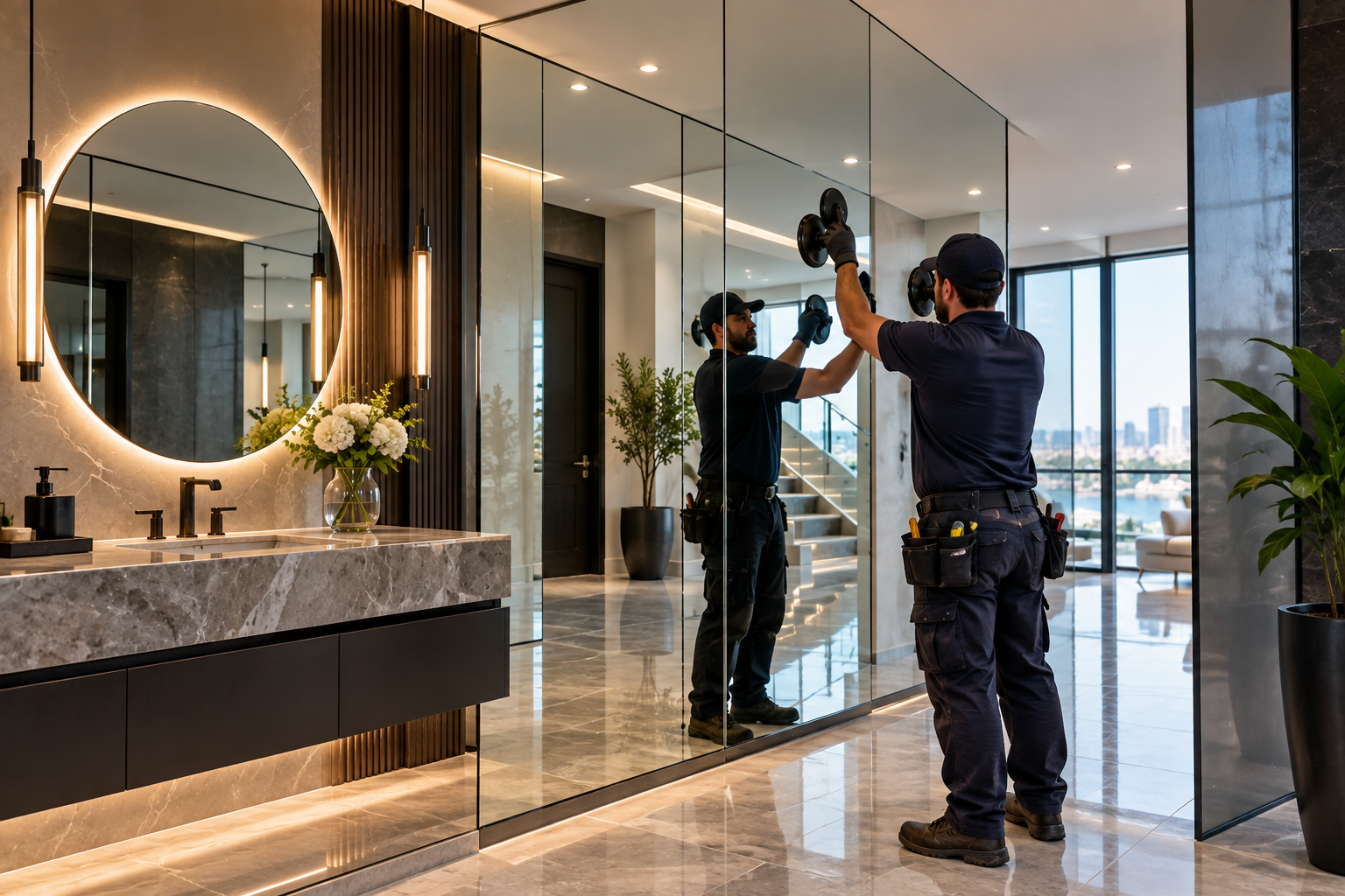 Custom mirror installation in a modern interior